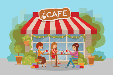Three beautiful women talking at coffee shop outdoor while drinking and using phone laptop. Vector illustration.
