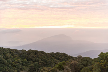 Thailand mountain landscape with morning fog at Doi Inthanon National Park in Chiangmai province, Thailand