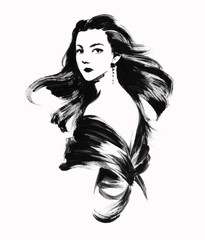 A sketch of the young woman with hair waving in the wind. Ink hand paint illustration.