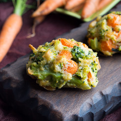 Vegetarian patties with carrots and broccoli. Square