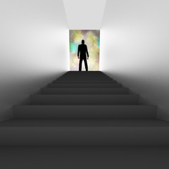 Man stands on top of staircase, 3d Illustration