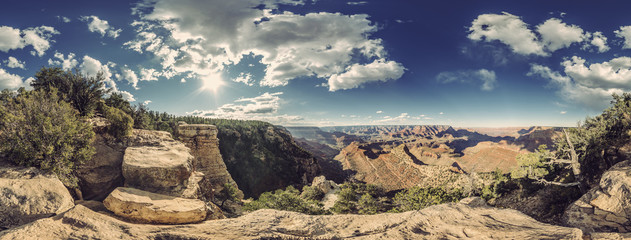 full 360 degree panorama of Grand Canyon South Rim, Grandview Point, Arizona, USA, Vintage filtered style