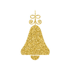 Glitter golden bell. Icon, logo, symbol. For registration festive invitations, greetings, new year, Christmas. Gold texture on white background. Vector illustration.