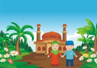 Funny two muslims in front of mosque landscape background