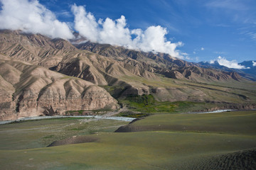 Fototapeta premium Mountain slopes and the river valley this morning