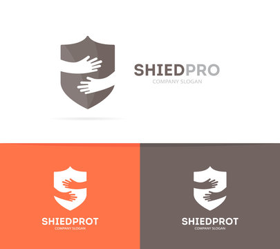Vector shield and hands logo combination. Security and embrace symbol or icon. Unique protect and defense logotype design template.