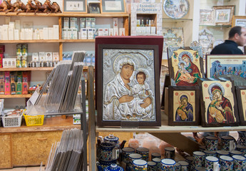 Icons of the Mother of God in the souvenir shop in Israel
