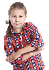 Portrait of young girl with blond hair and brown eyes, clasped nahds, isolated white background