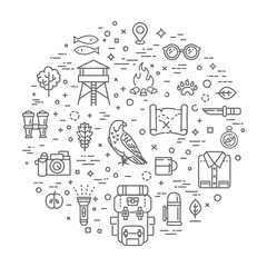 Camping, hiking, nature and outdoor activities icons