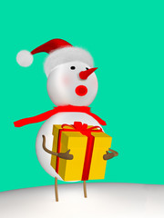 Snowman with santa hat carrying package