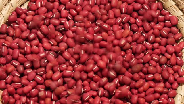 Falling red adzuki beans into basket

