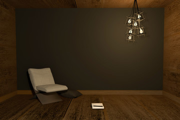 3D rendering : Illustration of night scene Modern interior with chair and note book put on wooden floor against black wall background. warm light lamp hanging on ceiling