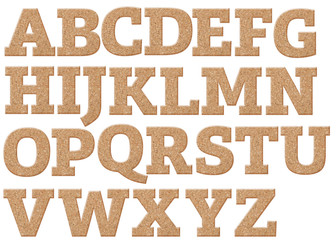 Cork board font letters of english alphabet on a transparent wipe board.