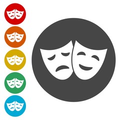 Theater icon in circle with happy and sad mask . Vector illustration 