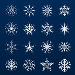 Set of snowflakes graphic icon on blue.