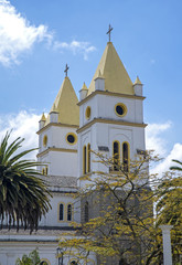 Steeples of the cathedral of Guaranda, Bolivar Province, Ecuador, on a sunny day