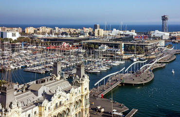 BARCELONA, SPAIN:Port Vell embankment panoramic view