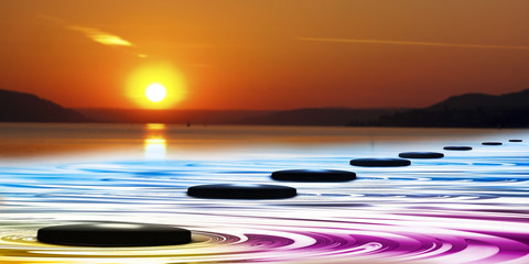 Fototapety  Stones in the water at sunset, 3d illustration