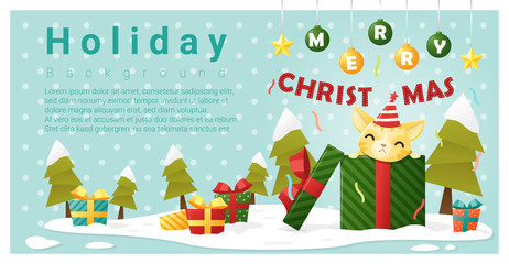 Merry Christmas Greeting background with cat inside gift box , vector , illustration