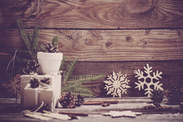 Christmas gift on wooden background
