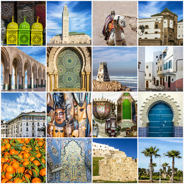 Morocco travel collage - Moroccan landmarks, Casablanca, Tanger
