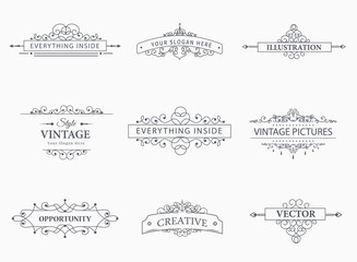Set of creative vector templates for logos, label or banners on the theme of quality and business in vintage style. Flourishes calligraphic elements. Design frame and page decor