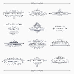 Set of creative vector templates for logos, label or banners on the theme of quality and business in vintage style. Flourishes calligraphic elements. Design frame and page decor