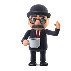 Obraz premium 3d Bowler hatted British businessman takes a break with a cup of tea