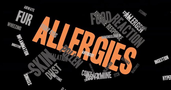 Allergies animated text word cloud on a black background. 