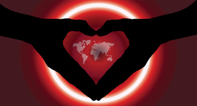 hand heart silhouette and worldmap background beautiful banner w