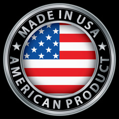 Made in the USA american product silver label with flag, vector
