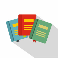 Three books with bookmarks icon. Flat illustration of three books with bookmarks vector icon for web