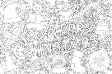 Merry Christmas isolated on the white background for coloring book