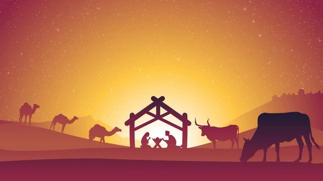 Birth of Jesus Christ - Christmas Nativity Scene with Sparkling Stars