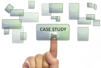 Businessman hand pushing on a touch screen interface on case study button