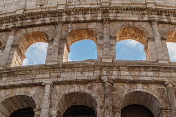 The Colosseum, an architectural monument in Rome, the wall fragment with arches.