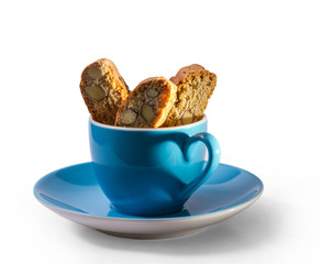Caffee and cantuccini with shadow in heart shape