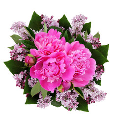 Bouquet of pink peonies and lilac flowers