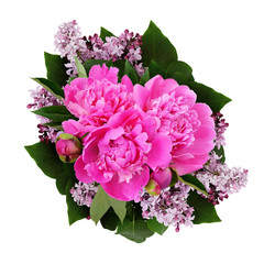 Bouquet of pink peonies and lilac flowers