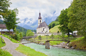 Fototapeta na wymiar Ramsau village and church in Alps of Bavaria, Germany