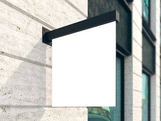 Hanging wall sign mockup, square billboard, stock image, classic building, 3d rendering