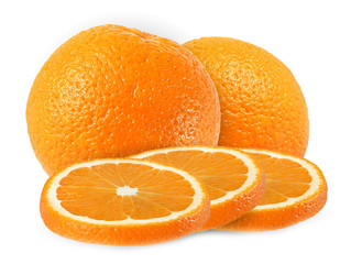 whole and cut orange fruits isolated on white background with clipping path