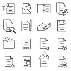 documentation icons set, thin line design. business papers and files. various interactions with the document, linear symbols collection. isolated vector illustration.
