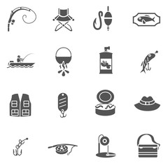fishing icons set. catching fish, simple symbols collection. isolated vector monochrome illustration.
