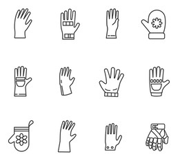 gloves and mittens icons set. clothing for the hands, thin line design. special gloves, isolated vector illustration.
