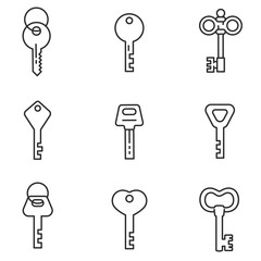 keys icons set, thin line design. the keys to the locks of different forms, linear symbols collection. modern and vintage keys. isolated vector illustration.

