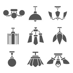 ceiling chandeliers icons set. ceiling lights different forms, simple symbols collection. isolated vector monochrome illustration.
