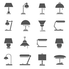 desk lamp icons set. floor lamps, office lamps, lighting fixtures, simple symbols collection. isolated vector monochrome illustration.