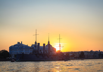 Naklejka premium View from the Neva to the cruiser Aurora, Saint Petersburg, Russia.