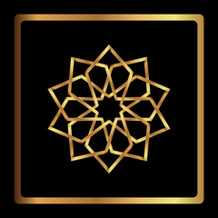 Circular pattern. Geometric icon. nine pointed gold star on black background. Modern style. Vector illustration. Simple symbol. Mandala. Logo. Fashion graphic design. Smooth shape.